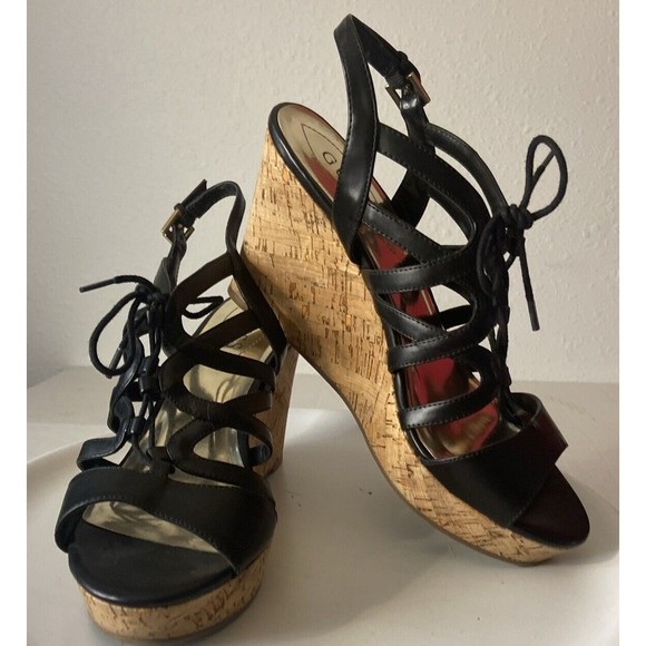 Guess Womens Gelsiee Strappy Sandal Wedge Heels Shoes Black Cork Lace Up 10 M - Picture 1 of 9